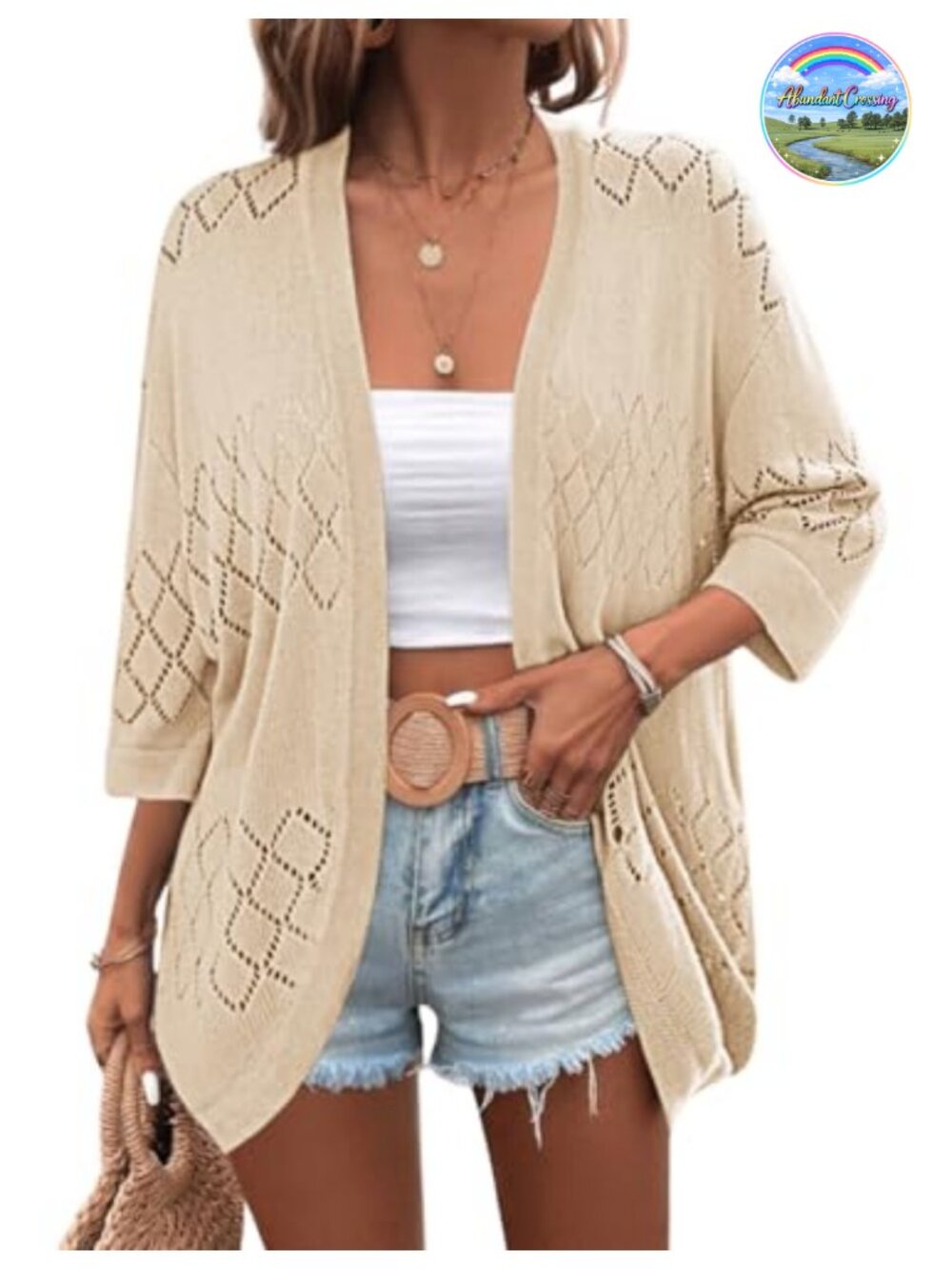 Lightweight Crochet Knit Cardigan Open Front 3/4 Sleeve Boho Sweater